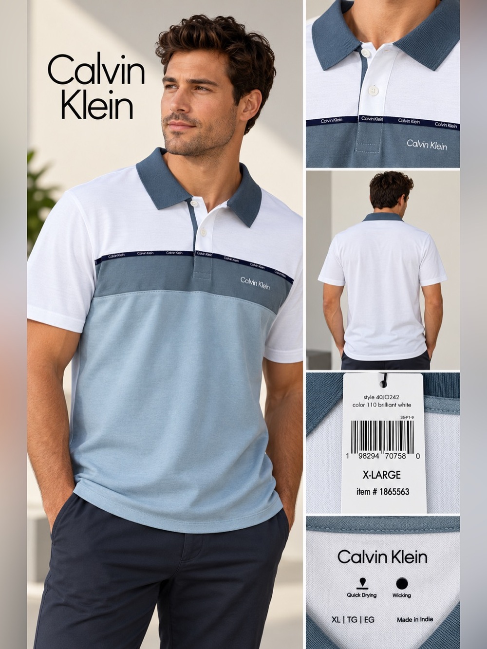 Calvin Klein White, Light Blue and Dark Blue Panel Polo Shirt
